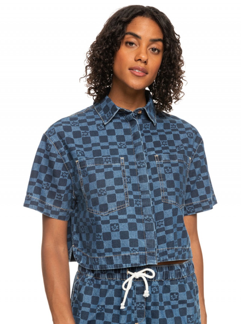 Roxy Blue Wave Club Printed Kurzes Sleeve Crop Denim Oberteile | 85047-HPQN