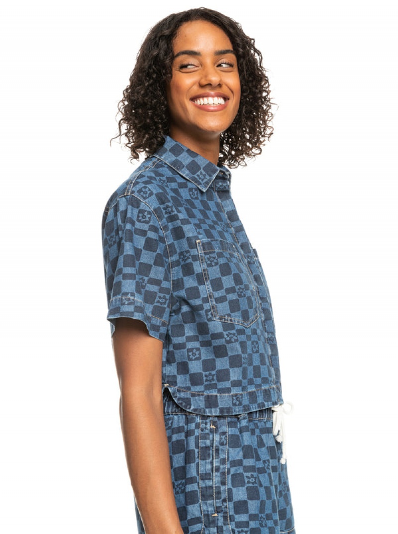 Roxy Blue Wave Club Printed Kurzes Sleeve Crop Denim Oberteile | 85047-HPQN